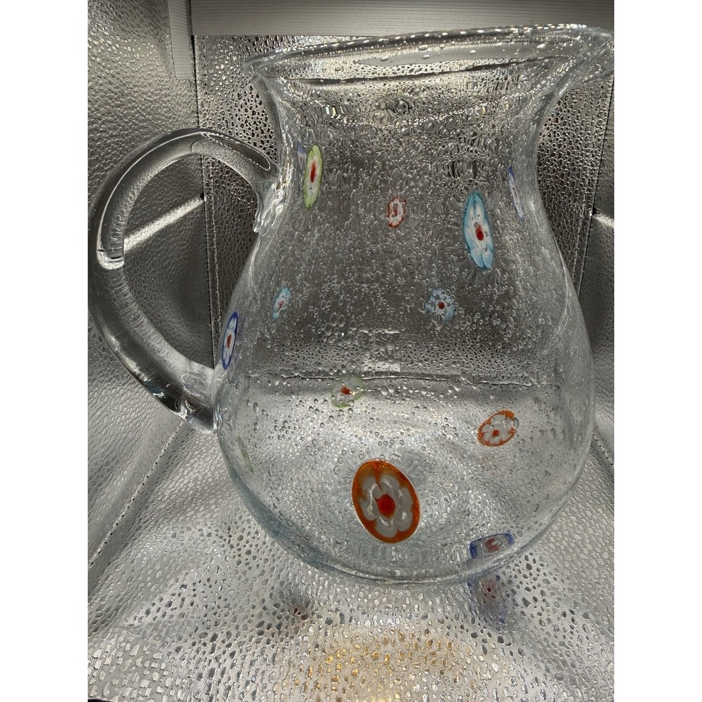 Hand Blown Clear Glass Pitcher with Millefiori  9" x 7" - Picture 4 of 7